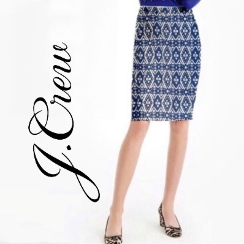 J.CREW BLUE White IKAT Pattern The Pencil Skirt